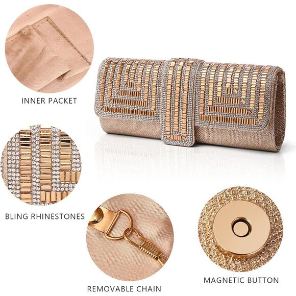 Womens Gold Crystal Sparkly Evening Clutch Purse with Rhinestones Wedding - Picture 5 of 6